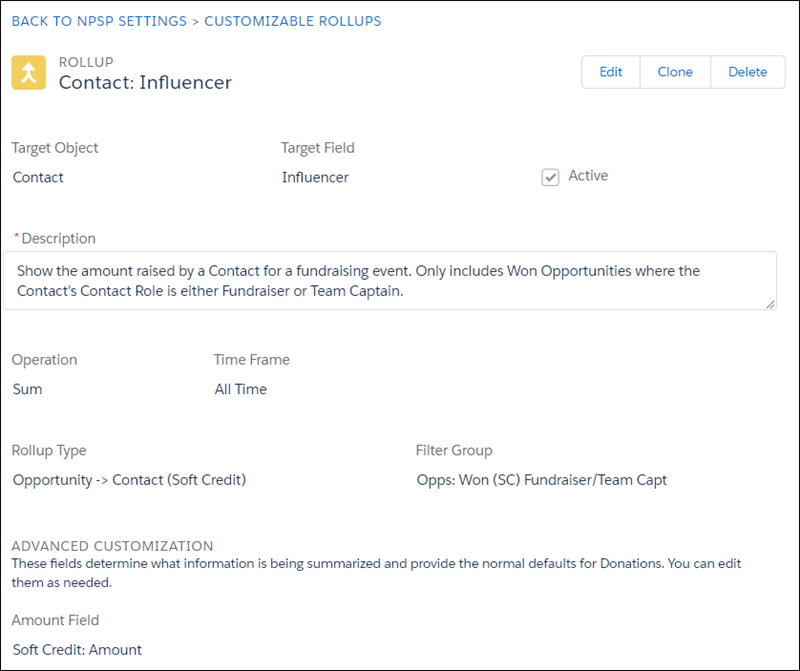 Customizable Rollup definition for the Influencer rollup