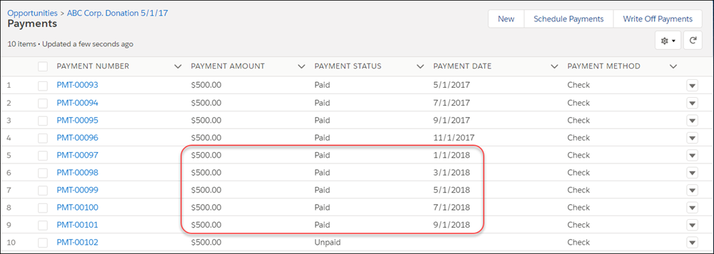 The Payments related list on a Contact record, with the Payments from this year highlighted