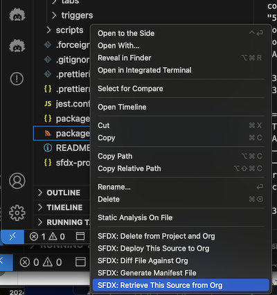 VS Code menu with selection package.xml and submenu selection SFDX: Retrieve This Source from Org