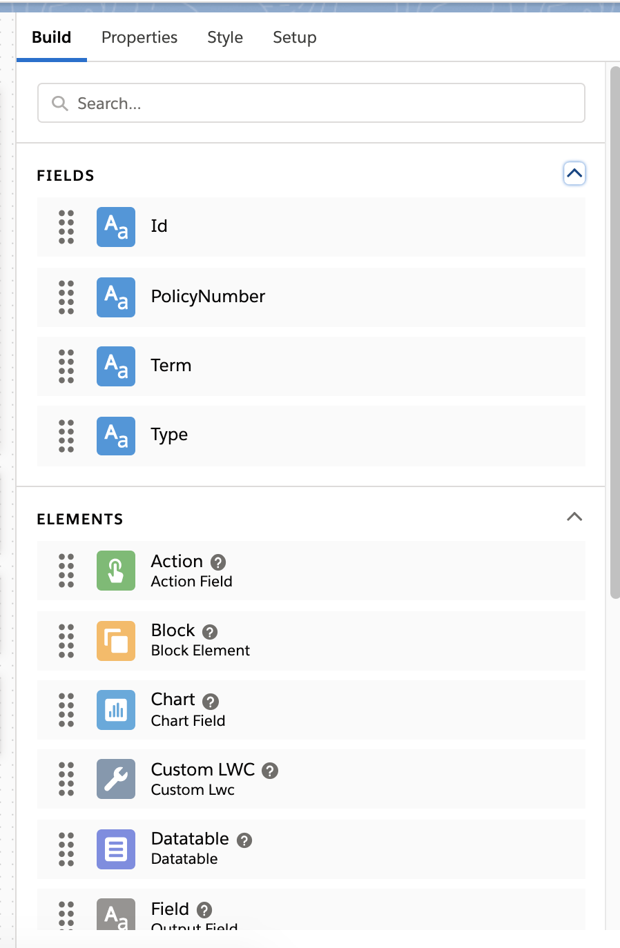 FlexCard Designer Build panel