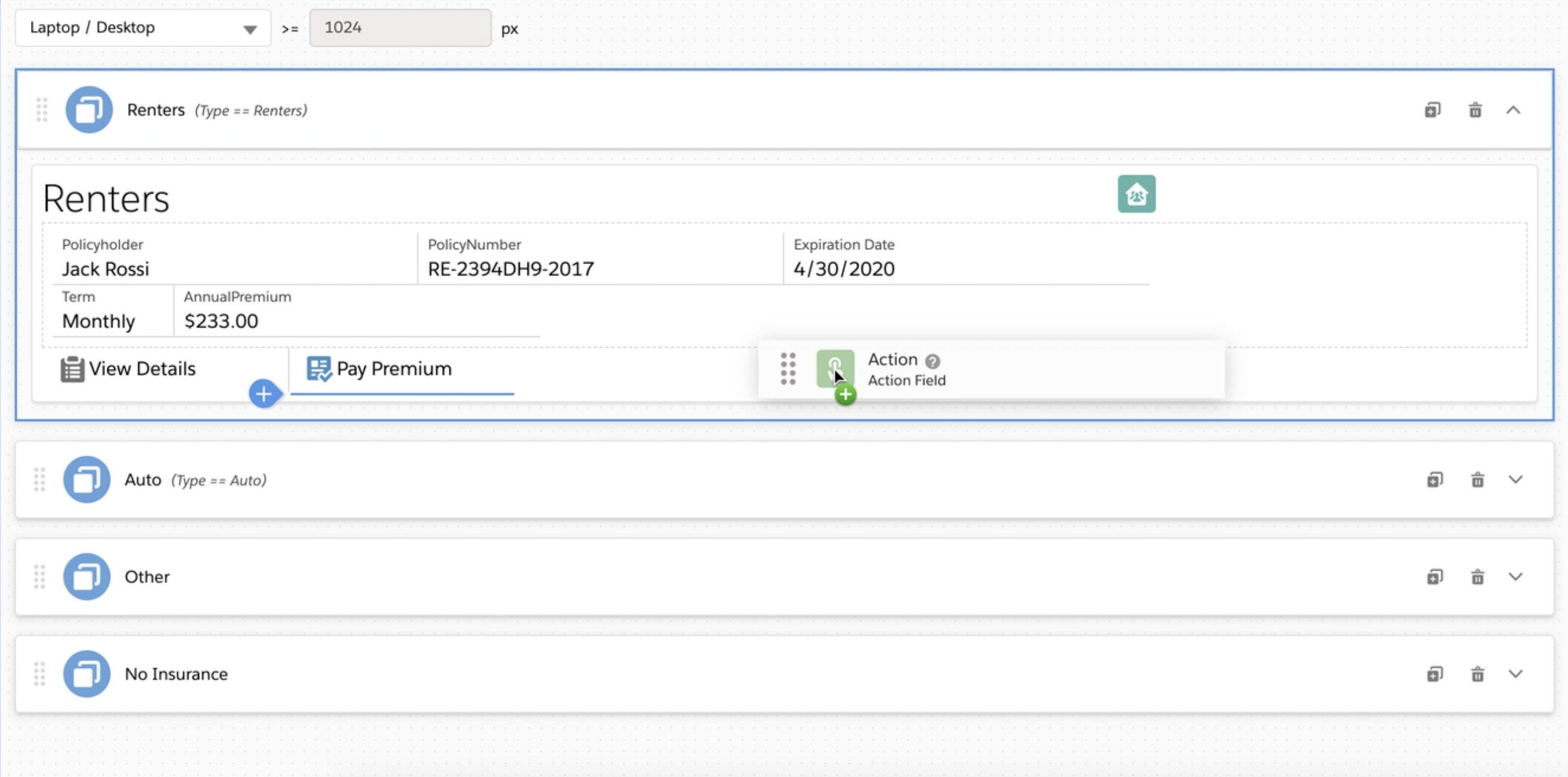 FlexCard Designer canvas