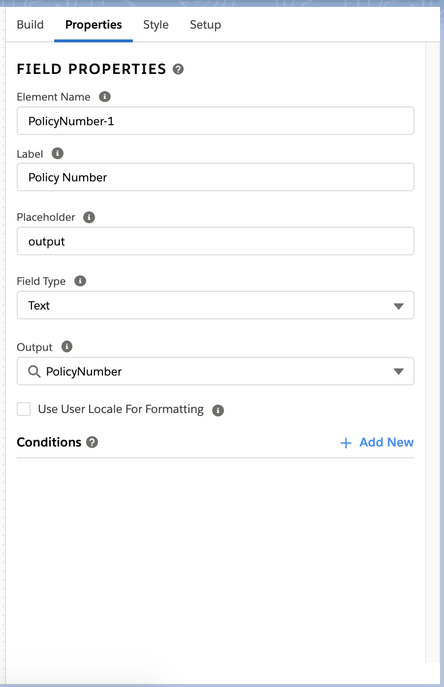 FlexCard Designer Properties panel