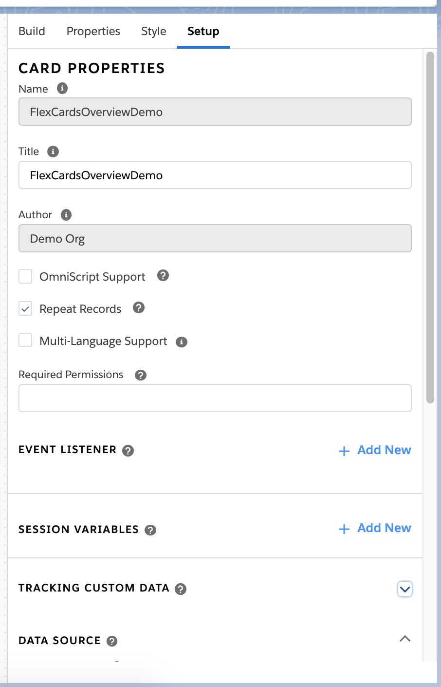 FlexCard Designer Setup panel