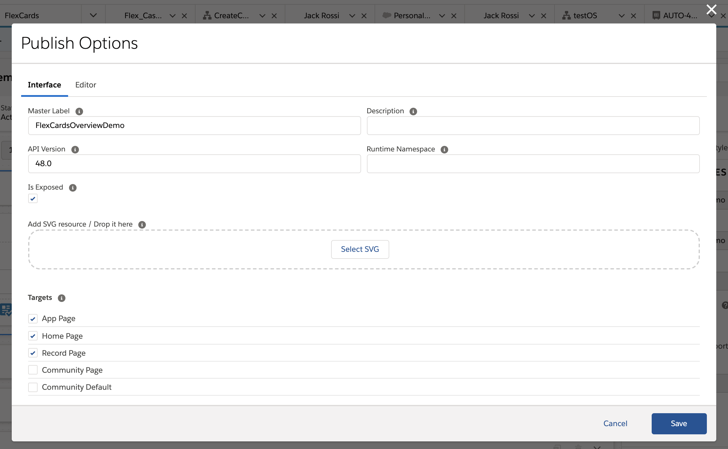 FlexCard Designer Publish Options