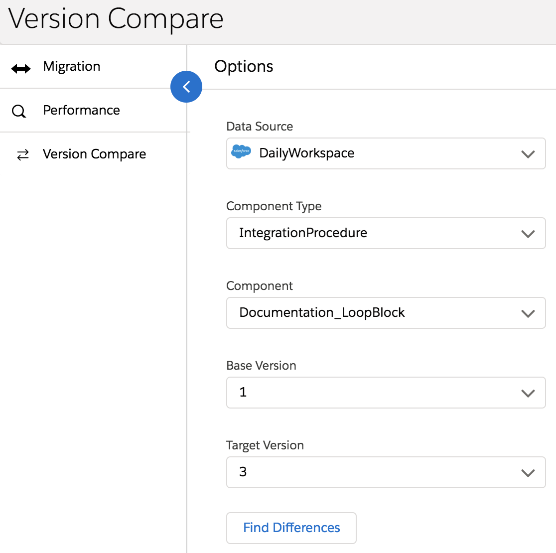 On the Version Compare page, the Data Source is Daily Workspace, the Component Type is IntegrationProcedure, the Component is Documentation_LoopBlock, the Base Version is 1, and the Target Version is 3.