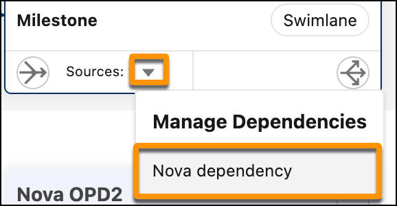 The Sources dropdown arrow is highlighted. A dependency appears in the Manage Dependencies menu and is highlighted.