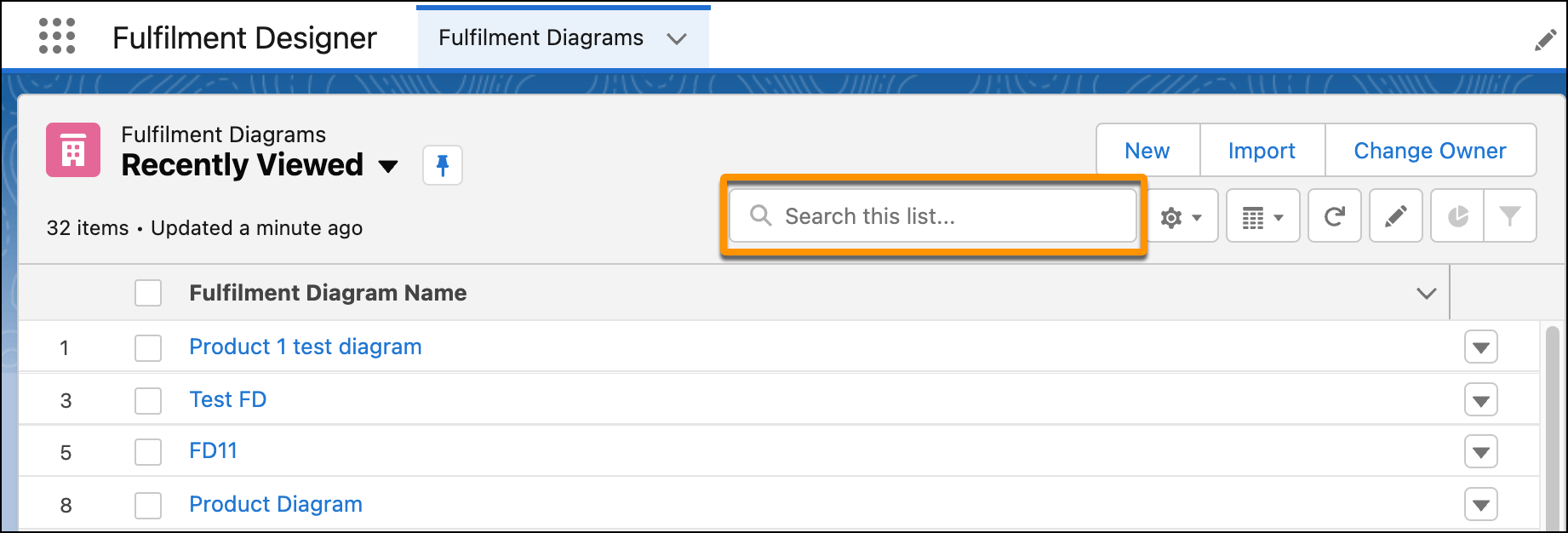 The Fulfilment Diagram page, showing a list of diagrams, with the search box highlighted.