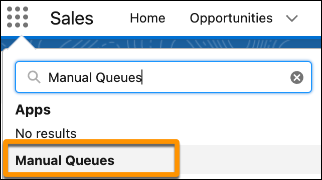 The search field showing the text "Manual Queues", with the Manual Queues option highlighted in the list below
