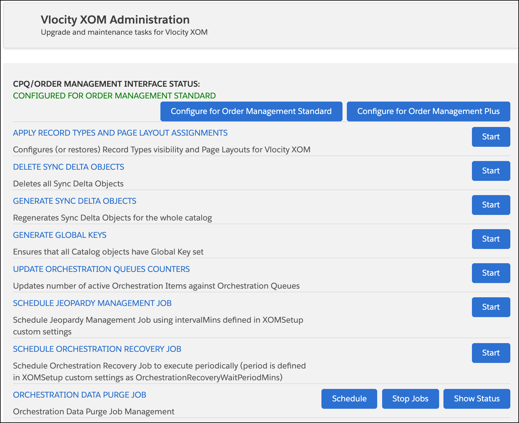 The Vlocity XOM Administration panel