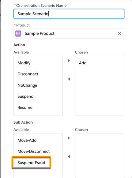 The Orchestration Scenario Edit screen, with a new sub action highlighted.