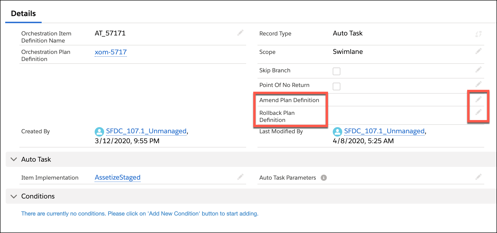 The Orchestration Item Definition window, with the pencil icons highlighted next to Amend Plan Definition and Rollback Plan Definition.