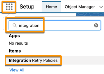 The app launcher, showing a search for integration retry policies