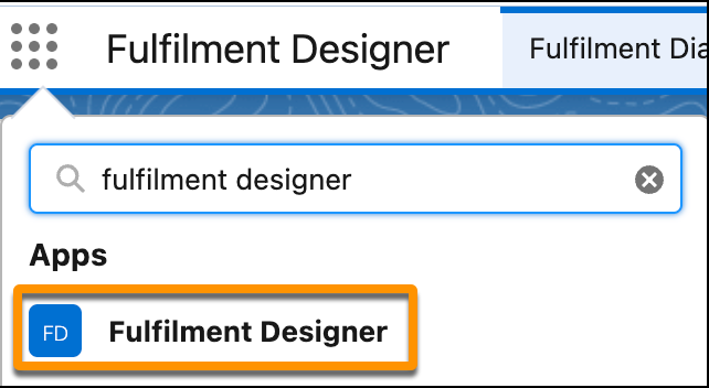 In the App section of the search results, The Fulfilment Designer app is highlighted