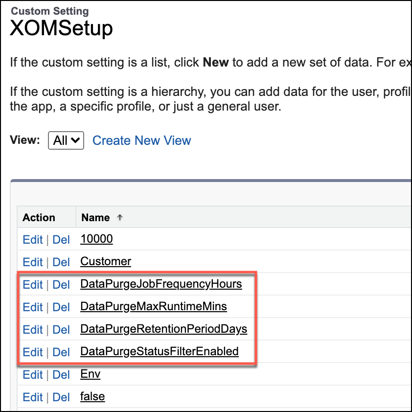 The XOMSetup screen with a red box around the four relevant data purge items.