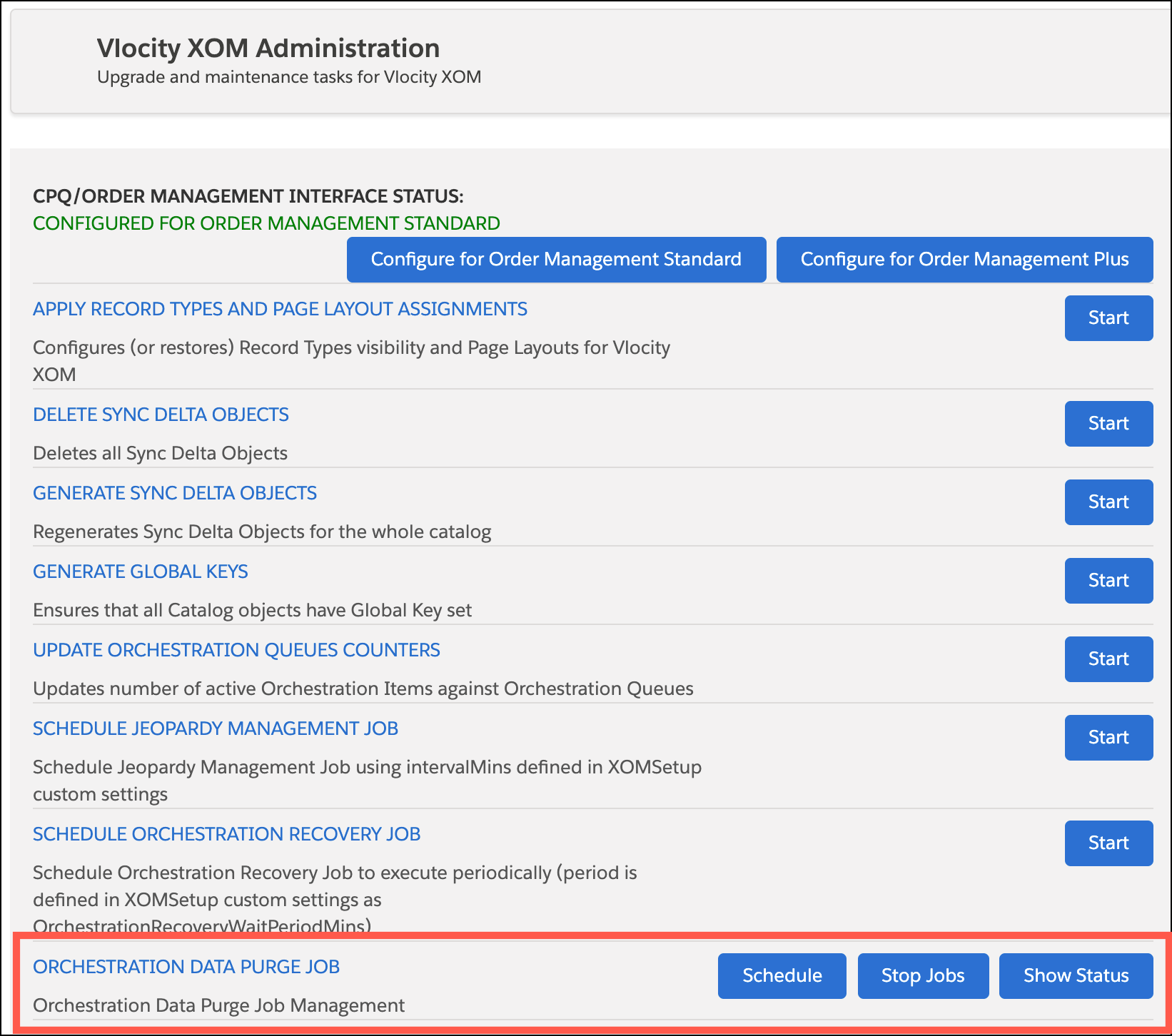 The Vlocity XOM Administration window, with a box around the Orchestration Data Purge Job list item.