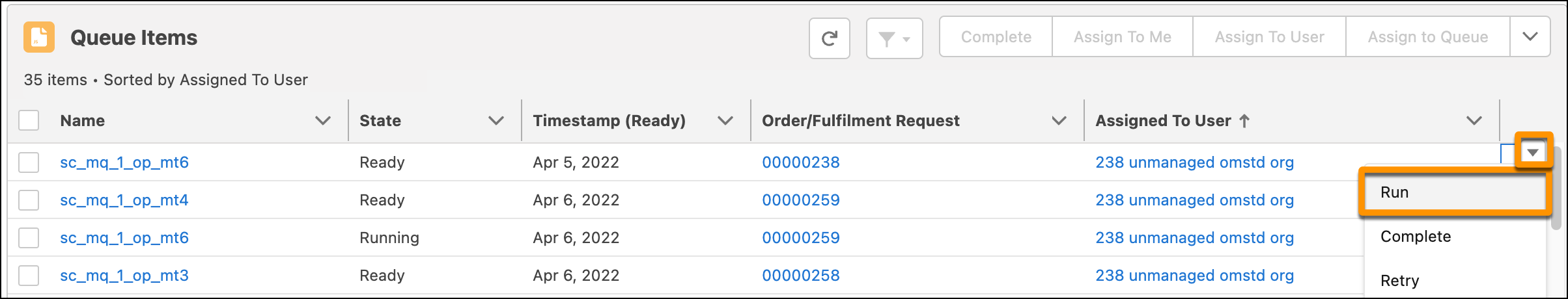 In the Queue Items section, the drop-down arrow is highlighted, and the Run option is selected in the menu
