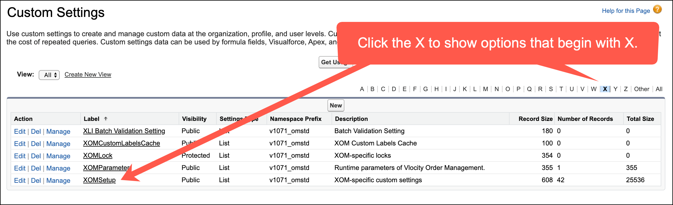The Custom Settings screen, with arrows pointing to the X navigation aid and the XOMSetup list item.