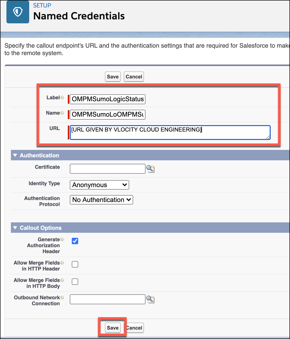 An image highlighting the Label, Name, and URL fields on the window to create a new named credential.