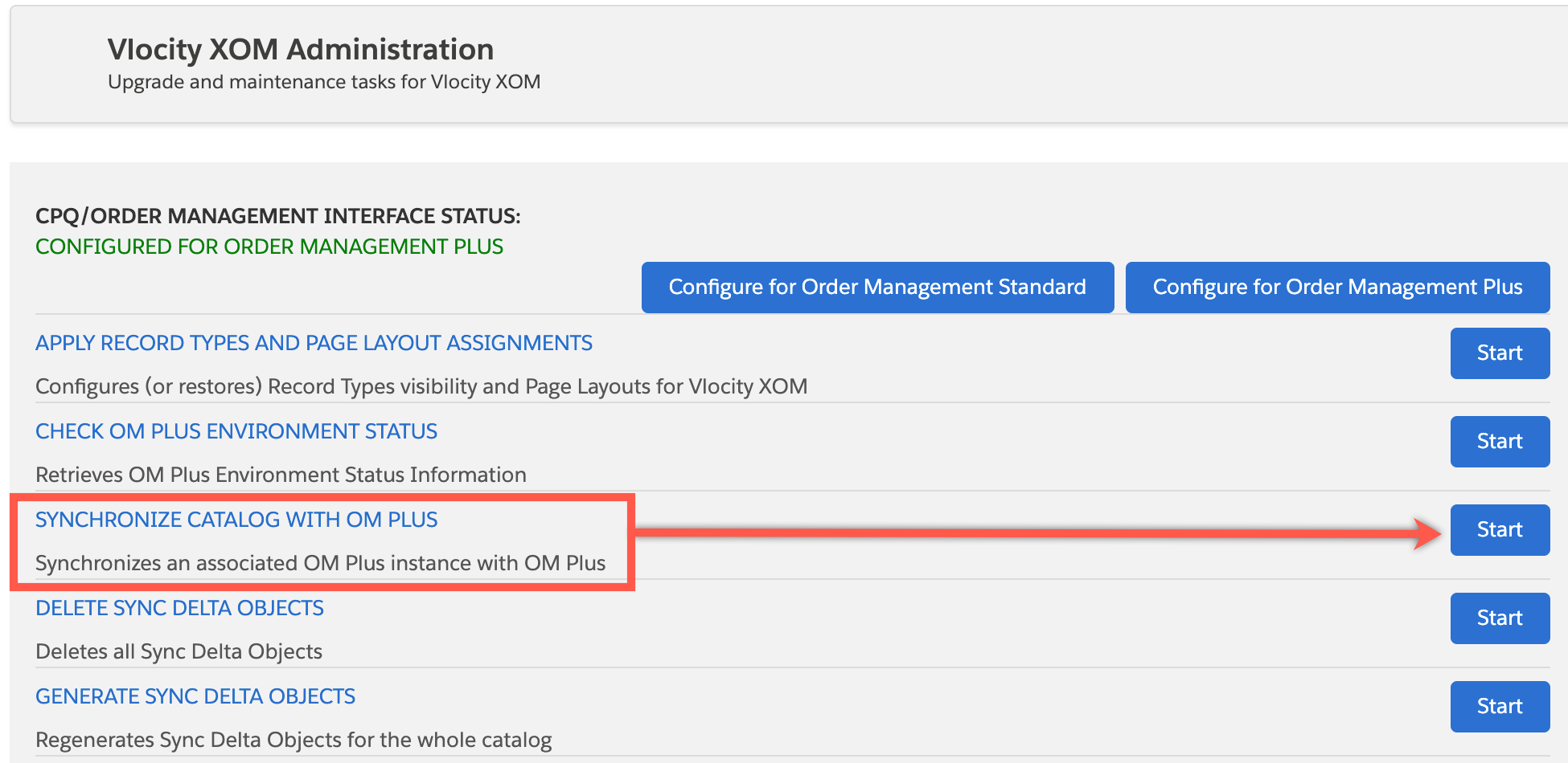 Partial image of the Admin page, with a red box around the option to synchronize the catalog with OM Plus.