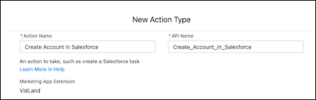 New action modal with the example name "Create Account in Salesforce".