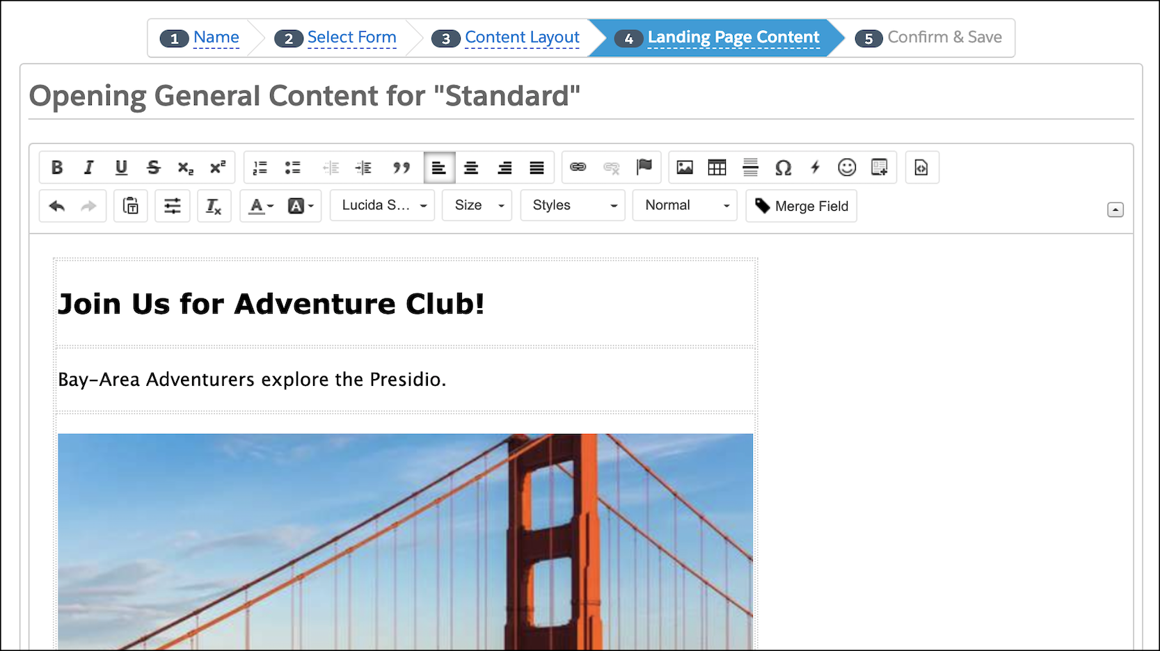 The Content tab is illuminated in the toolbar. The canvas contains a draft landing page with the five-step progress bar.