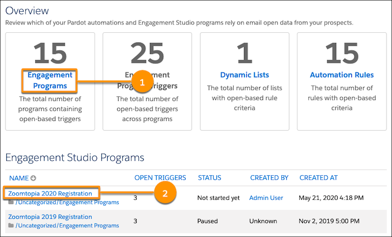 Screenshot of the open rules audit page with callouts on the clickable areas.