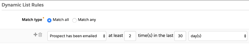Dynamic List rules slat shows Prospect has been emailed rule type selected, with integers in the time fields.