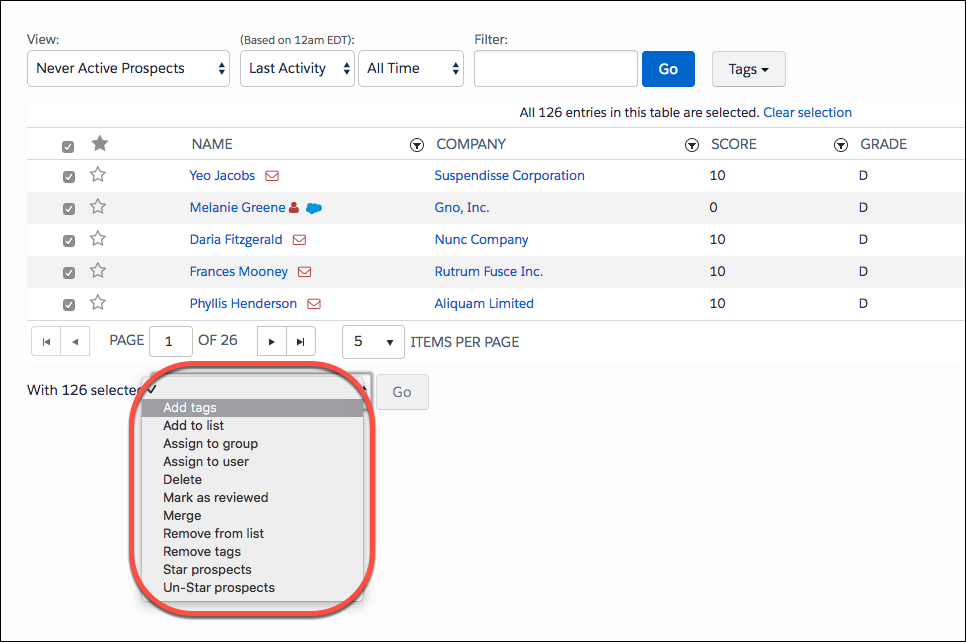 dropdown menu that lists available actions for this table