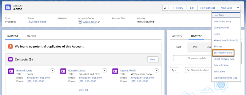 An account record with the Sharing Hierarchy button highlighted.