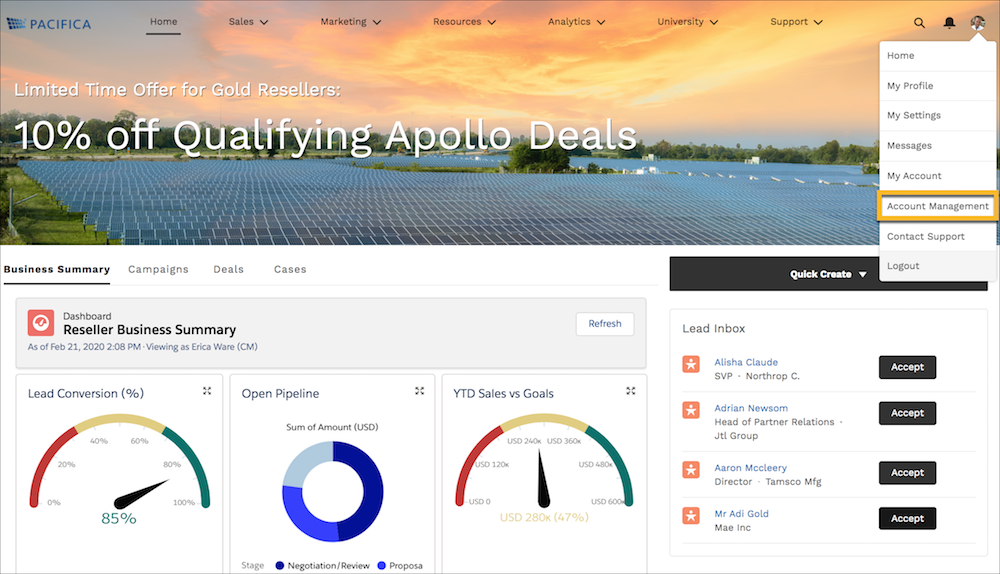Account Management dropdown from profile menu