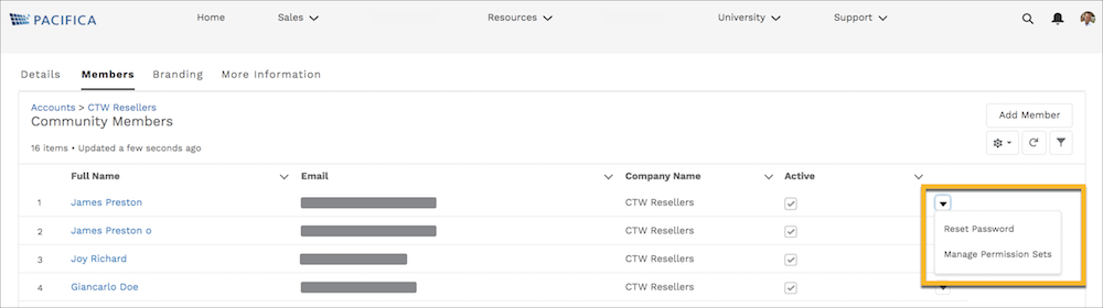 Reset password and permissions dropdown
