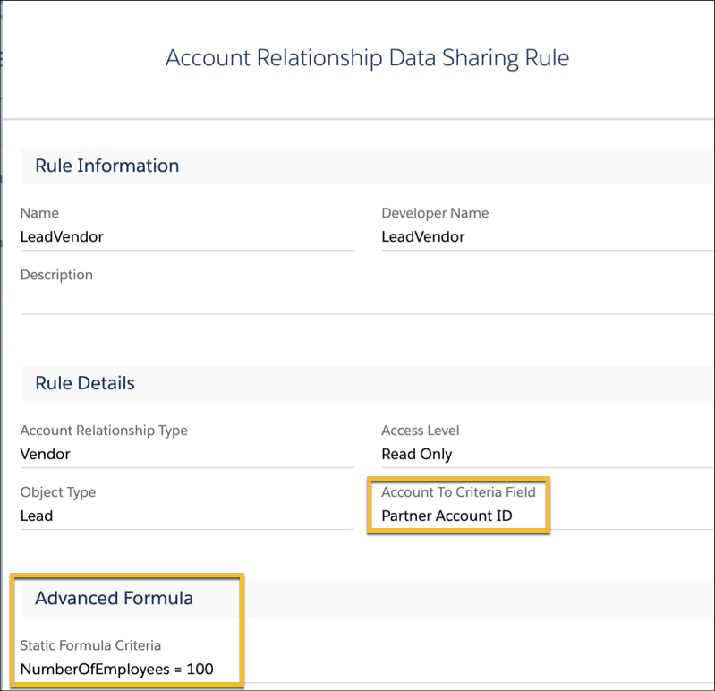 Account relationship data sharing rule with and advanced formula