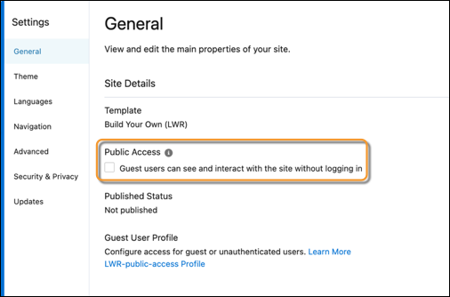 Public access setting in Experience Builder