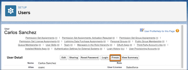 A user record with the Freeze button emphasized.