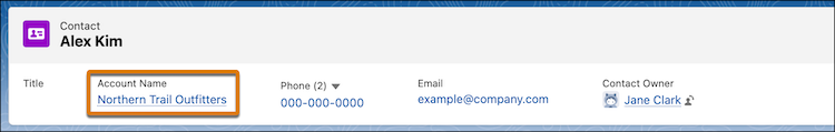 Detail of a contact record with the related account name highlighted.