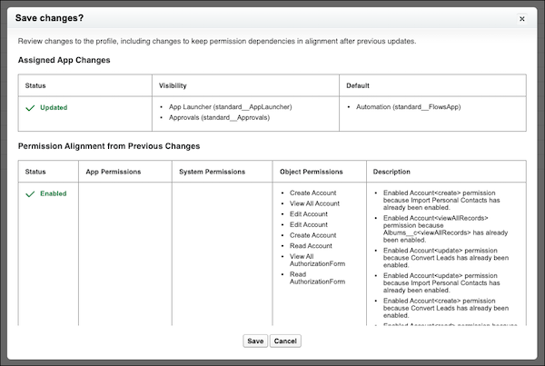 The permissions save confirmation modal, depicting updates to assigned apps and permission alignment from previous changes
