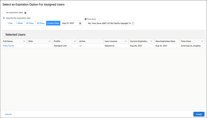 The pane for setting an assignment expiration for a permission set group