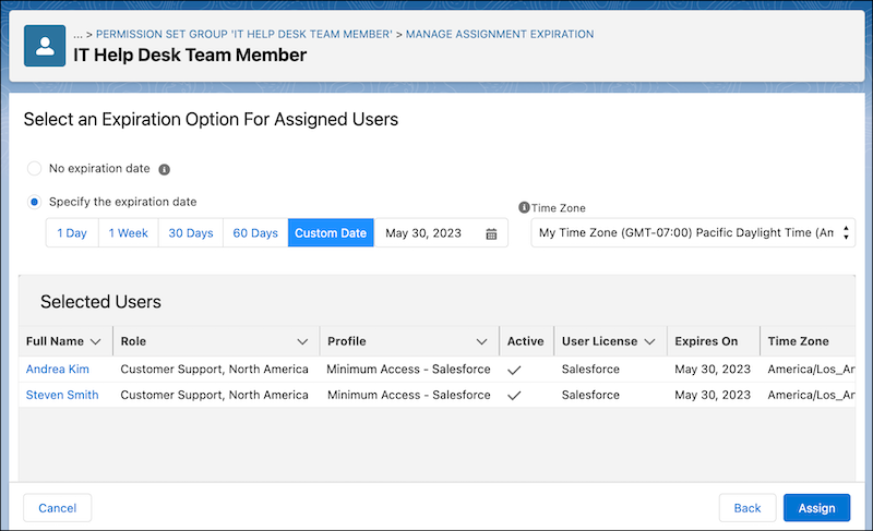 Setting expiration date for permission set group assignment.
