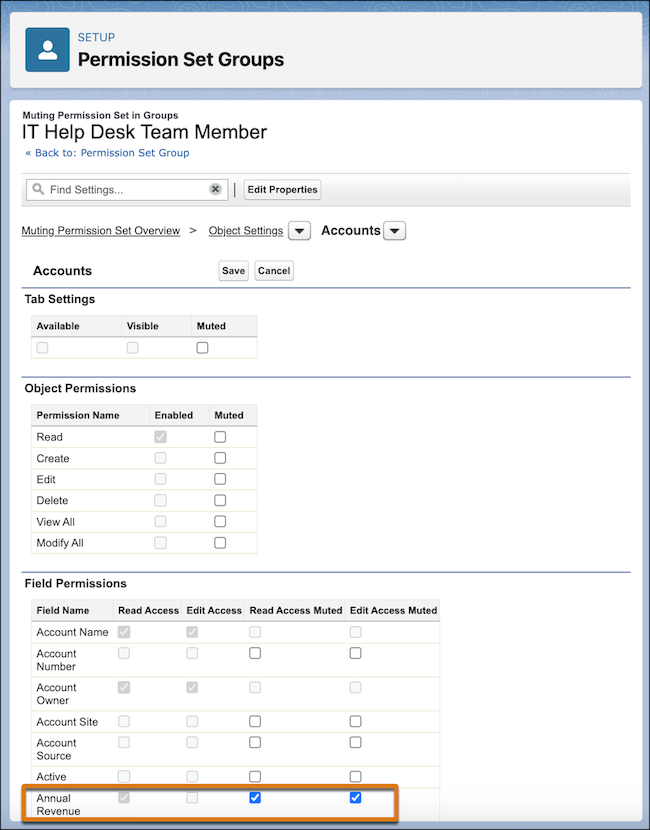 Detail in edited field permission in muting permission set.