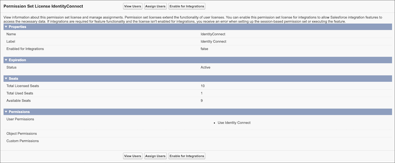 Detail page for a permission set license.