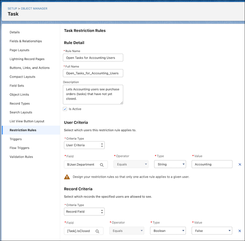 The task object in the Object Manager appears with the Restriction Rules link selected and a rule called Open Tasks for Accounting Users shown.