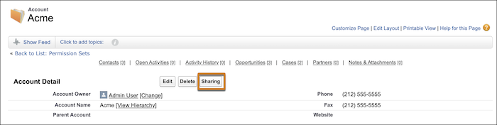 An account record with the Sharing button highlighted.