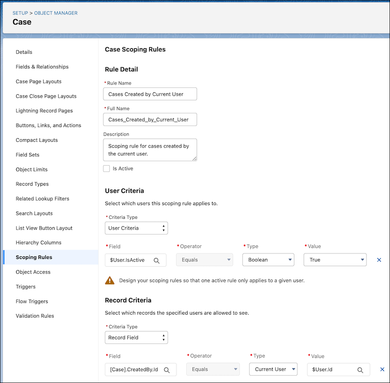 The case object in the Object Manager appears with the Scoping Rules link selected and a rule called Cases Created by Current User shown.