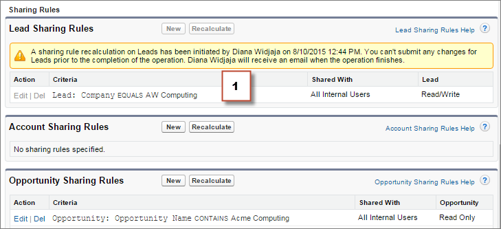 Clicking the Recalculate button locks sharing rules for that object.