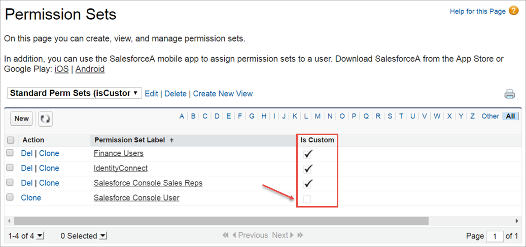 A list view of permission sets with the "Is Custom" column to indicate which permission sets are custom or standard.