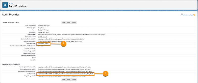 Authentication Provider example with scopes and callback URL highlighed