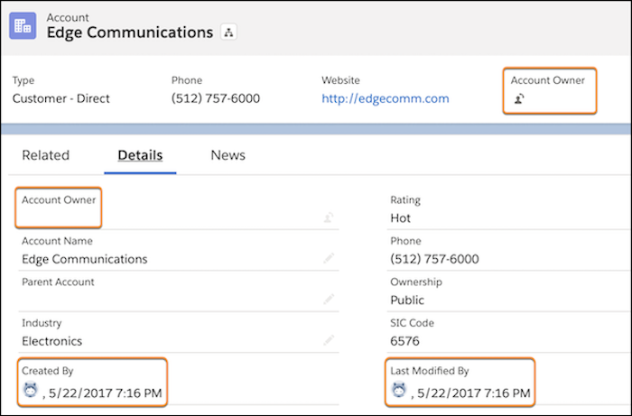 Kontopostdetaljsiden i Lightning Experience etter at innstillingen er aktivert, med bare oppslagsfeltetiketter.