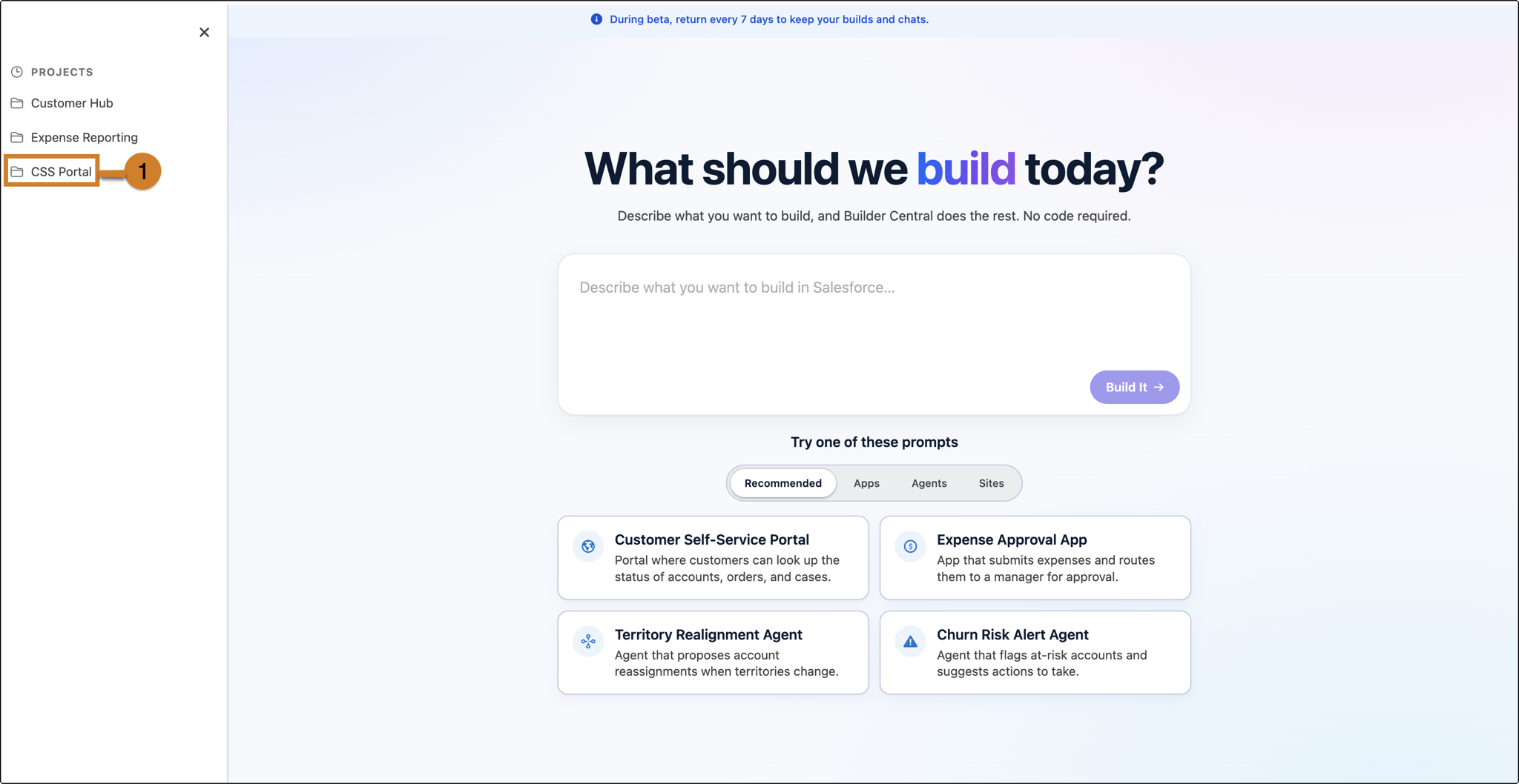 Builder Central home page with the Projects list open and the CSS Portal project highlighted.
