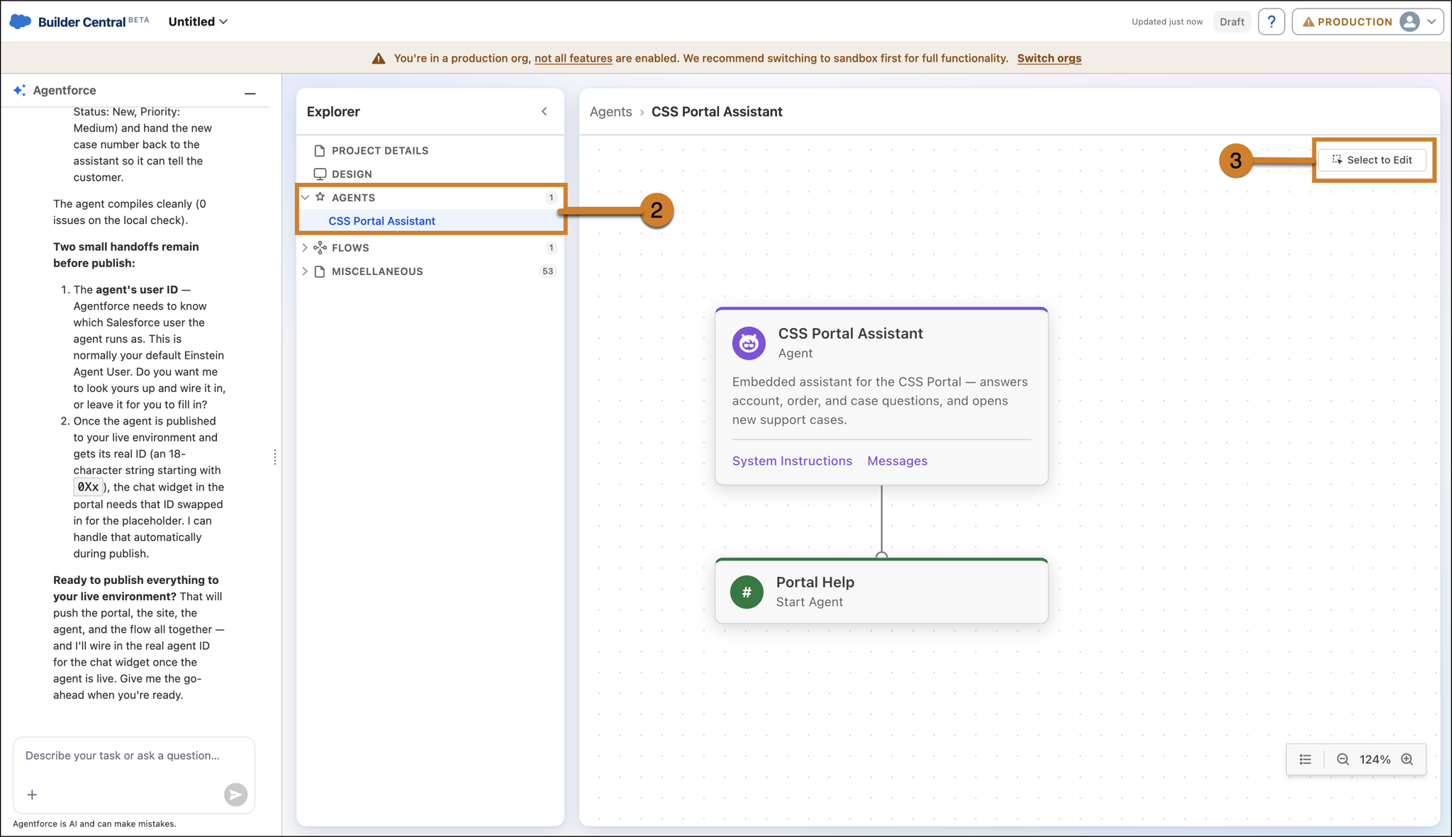 Builder Central Design interface showing the CSS Portal Assistant selected in the Explorer and visualized on the canvas, with the Select to Edit button highlighted.