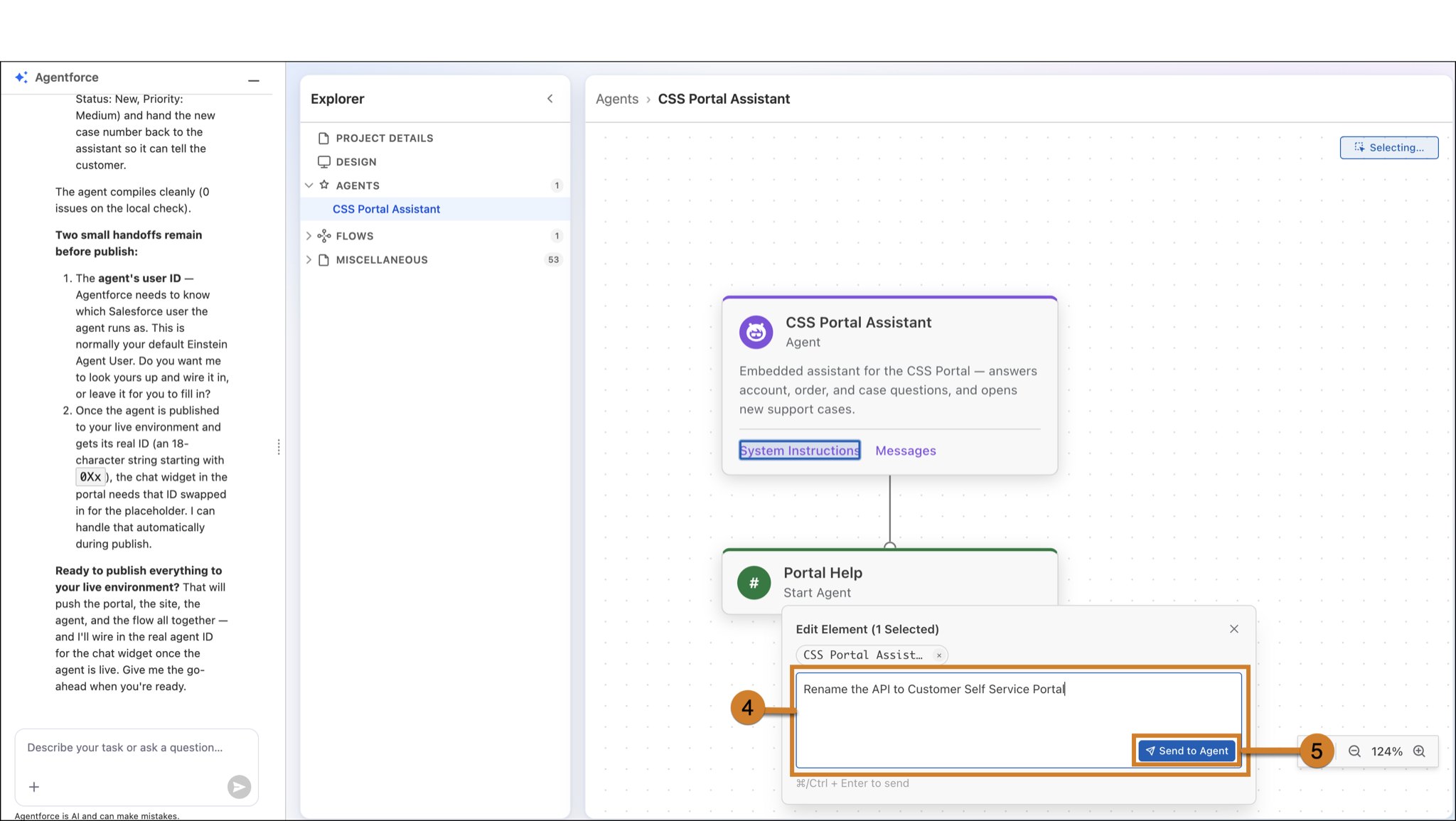 Builder Central Design interface showing the CSS Portal Assistant selected for editing, with an instruction entered in the Edit Element dialog and the Send to Agent button highlighted.